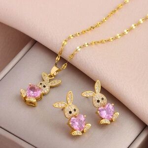 Goldtone and Pink Bunny Earrings & Necklace Jewelry Set